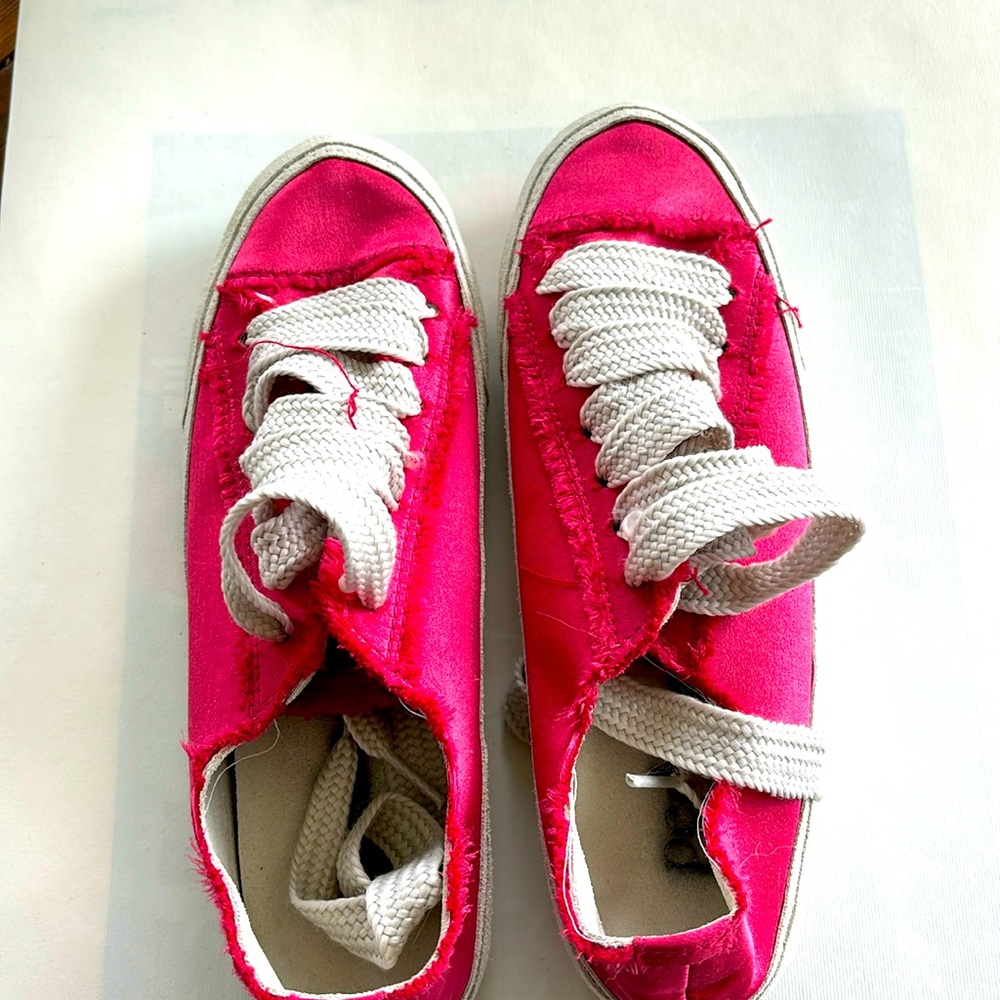 Pedro Garcia Pink/Red Satin Frayed Distressed Women's Sneakers Size 6.5/7